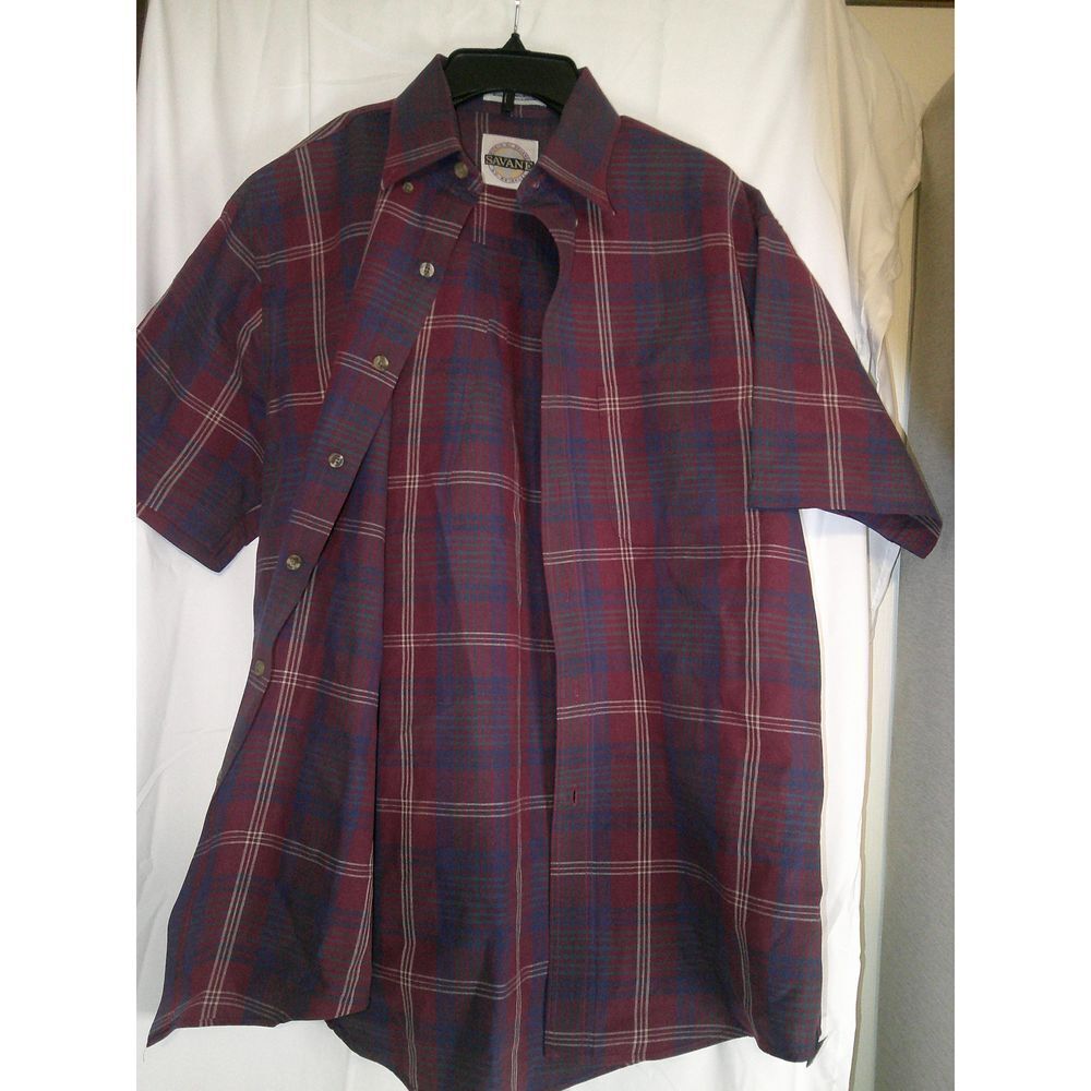 Savane Men's Plaid Short Sleeve Button-Down Shirt Casual Wrinkle-Free Cotton